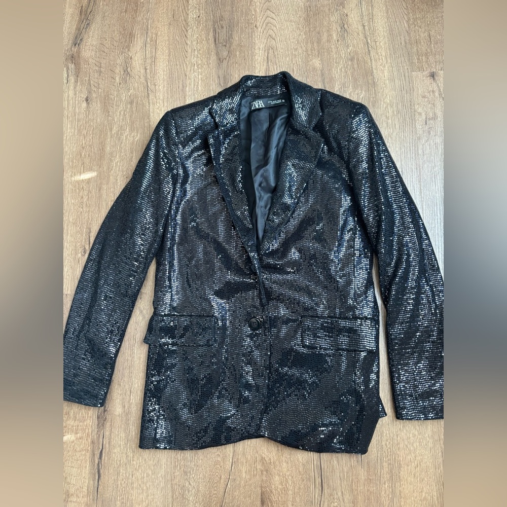 Zara Black Flowing Sequinned Blazer Size XS